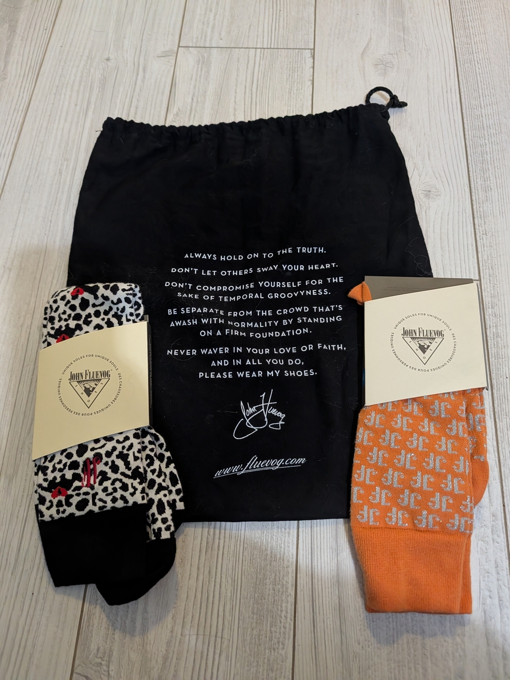 John Fluevog Orange Logo Sock & Black-White Leopard Sock Duo